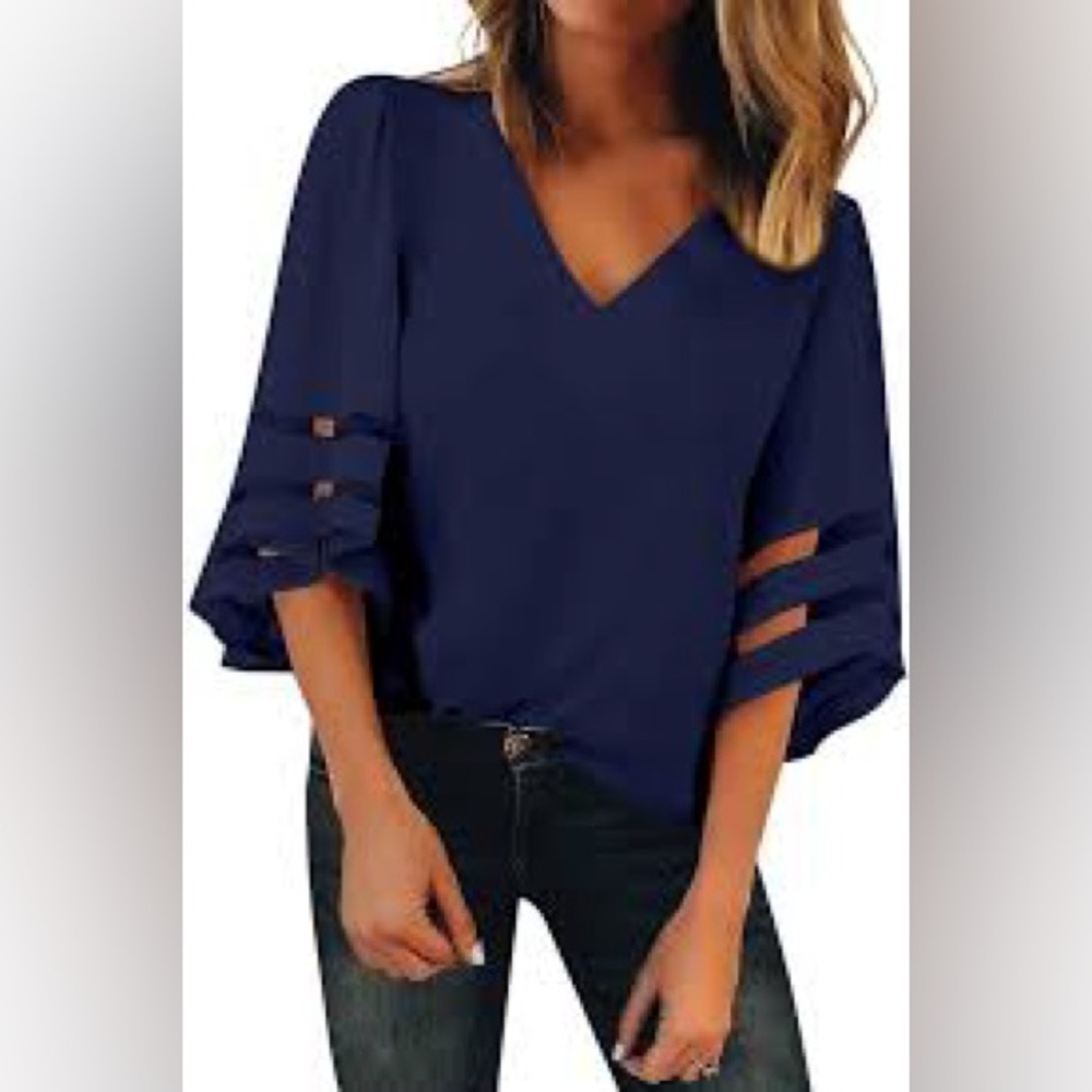2 FOR $20 Dreamly Navy Blue Blouse Top Wide Sleeve V Neck Flowy S Small NEW - Picture 1 of 13